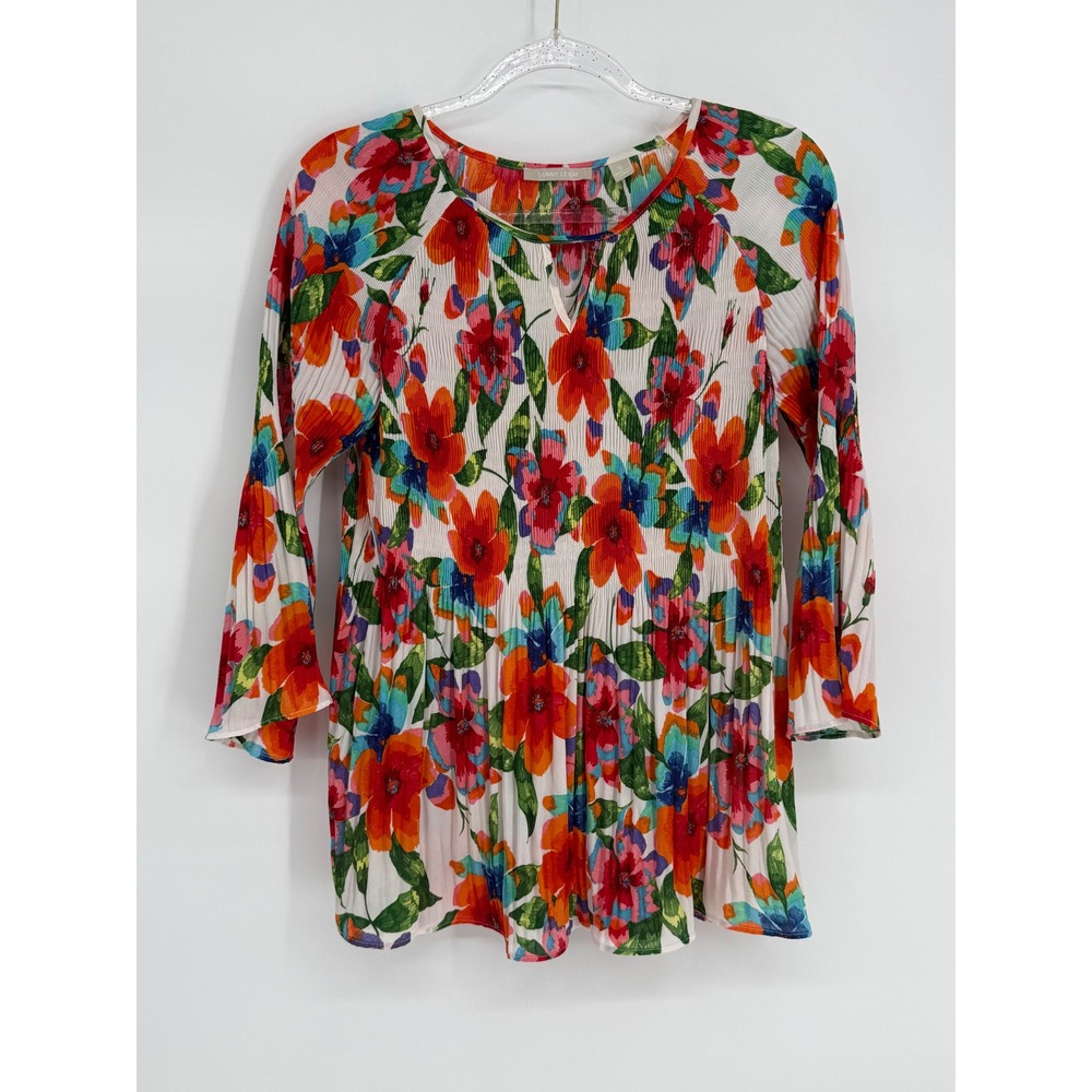 Sunny Leigh Womens Floral Pleated 3/4 Bell Sleeve Blouse Multi-Color Sz S